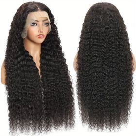 Density Brazilian Virgin Human Hair Deep Curly Lace Front Wigs Transparent HD 13x4 Lace Frontal Wigs Deep Wave 100% Real Human Hair Wigs Remy Pre (Color: Black, Hair Length: 36inch)