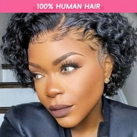 [Curly Human Hair Pixie Cut Wig] 6-Inch Curly Human Hair Wig - Elegant Pixie Cut for Women - 130% Density, Natural Color, 13x1 Lace Frontal (Color: T1B/99J#, Hair Length: 6inch)