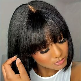 Elegant Straight Bob Human Hair Wig with Bangs - 180% Density, Glueless HD Lace Front, Natural Scalp Coverage, Vacation-Style for Women (Color: Black, Hair Length: 14inch)